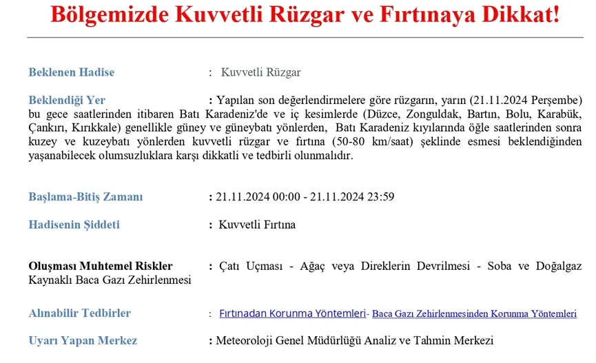 Bölgemizde Kuvvetli Rüzgar ve Fırtınaya Dikkat!